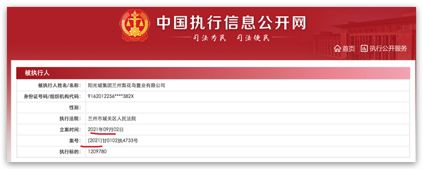 阳光城集团兰州梨花岛置业被列为被执行人，执行标的约121万元
